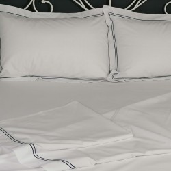 Flat sheet blue trim Egyptian Cotton 200 Thread Count Percale Porto with pillows view Flat sheet blue trim Egyptian Cotton 200 Thread Count Percale Porto with pillows view